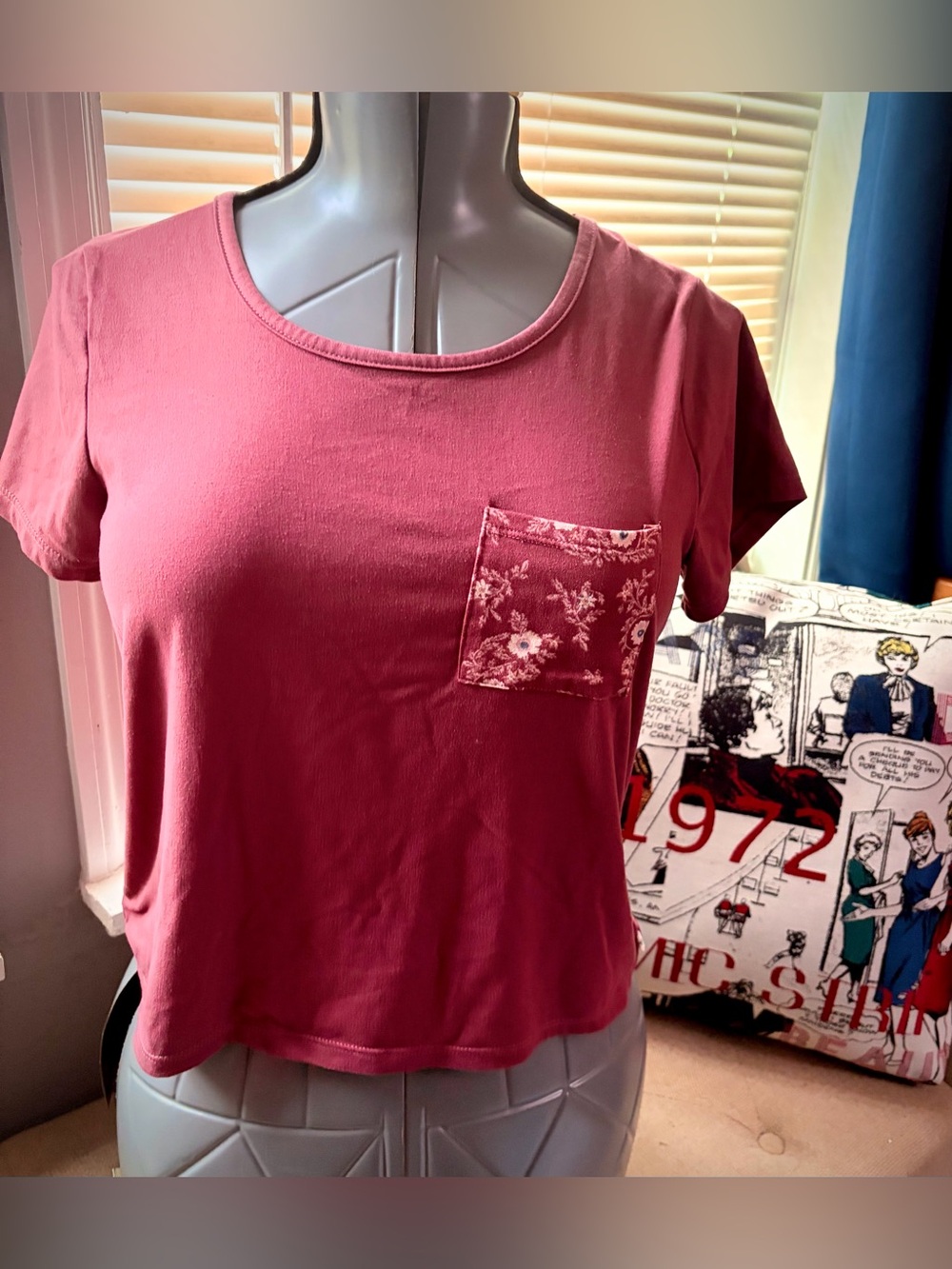Lucky Brand Burgundy Scoop Neck Tee with Floral Pocket